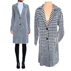 Magaschoni Houndstooth Sweater Coat Faux Fur Medium Black White